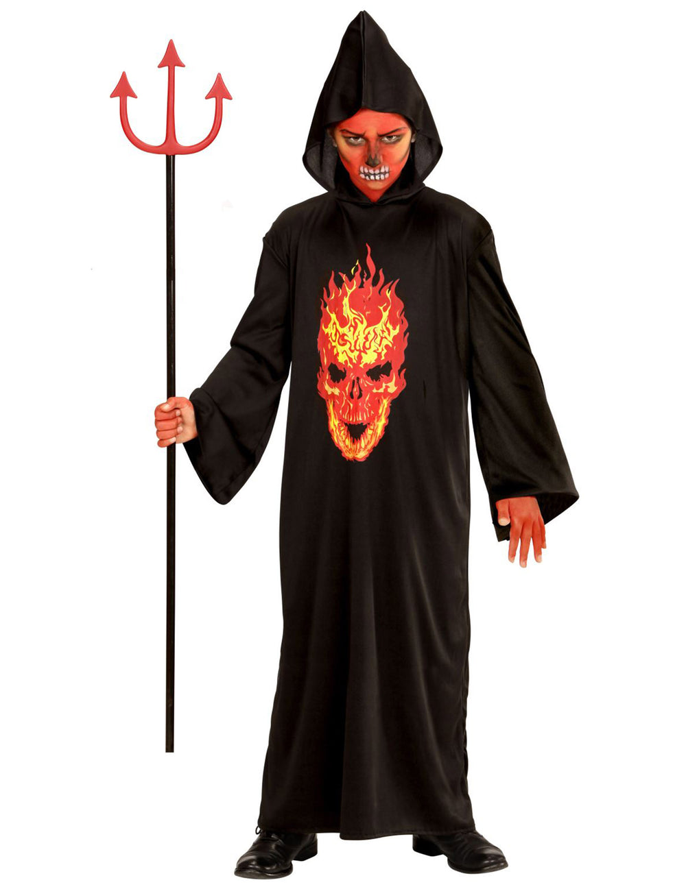 Trident rouge et capuche du déguisement diable faucheuse de l'enfer pour enfant