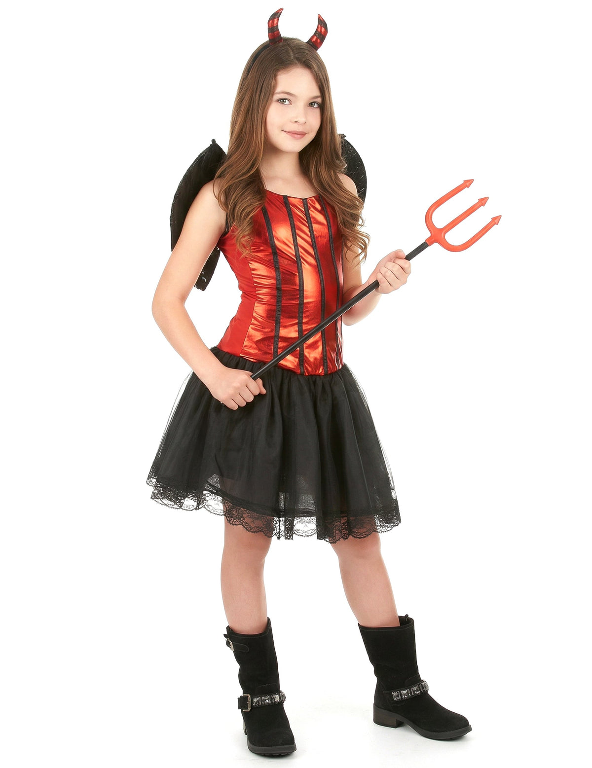 Déguisement diablesse avec ailes pour fille rouge et noir avec tutu et fourche