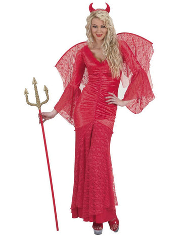 Déguisement de diablesse pour femme rouge en dentelle avec ailes et cornes