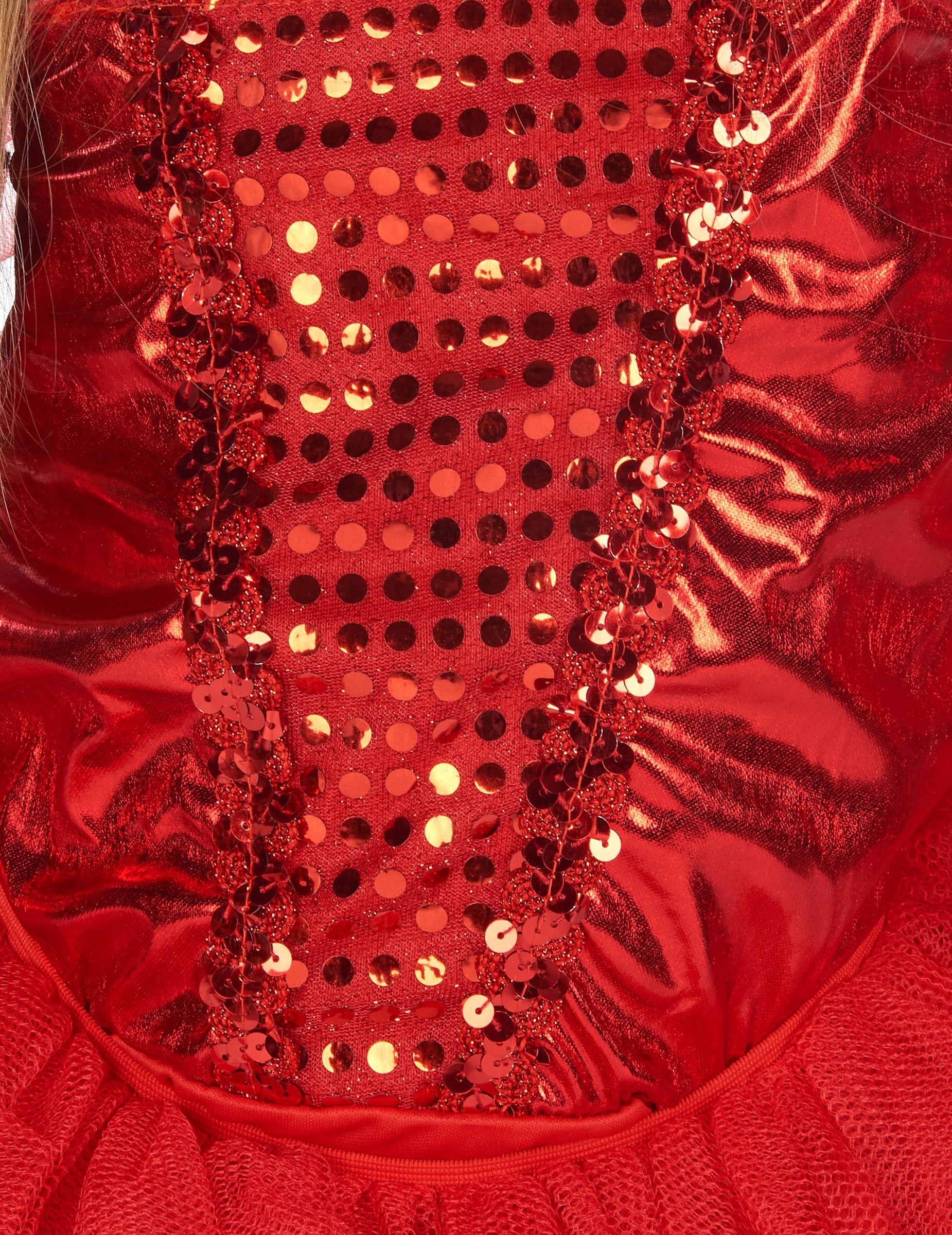 Détail des sequins rouges du bustier du déguisement diablesse tutu