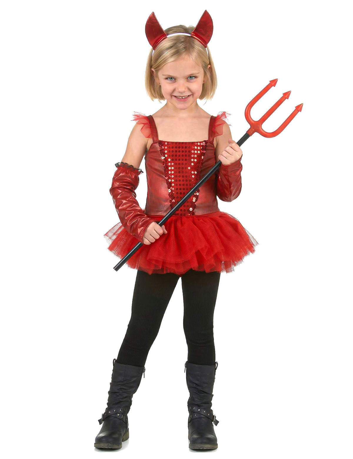 Déguisement diablesse tutu pour fille rouge à sequins avec cornes et trident