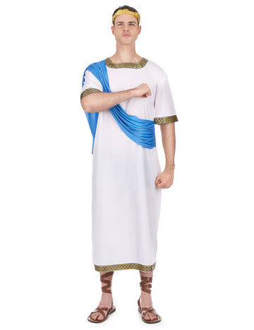 Déguisement de dieu grec pour homme blanc et bleu avec couronne dorée