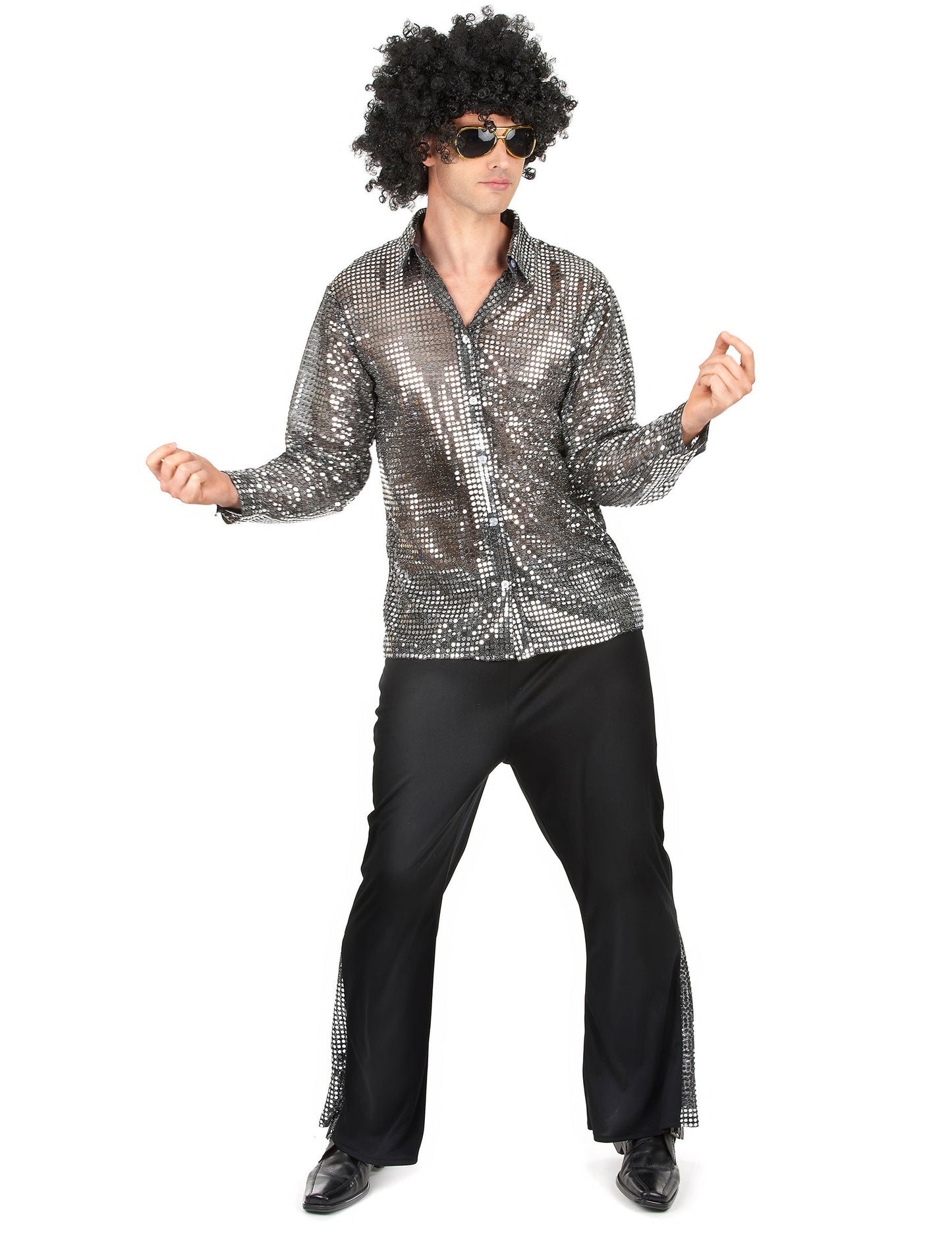 Disco kostým pre mužov v striebornej farbe s trblietavým tričkom