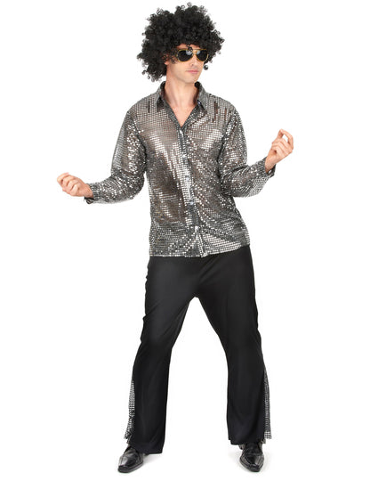 Disco kostým pre mužov v striebornej farbe s trblietavým tričkom