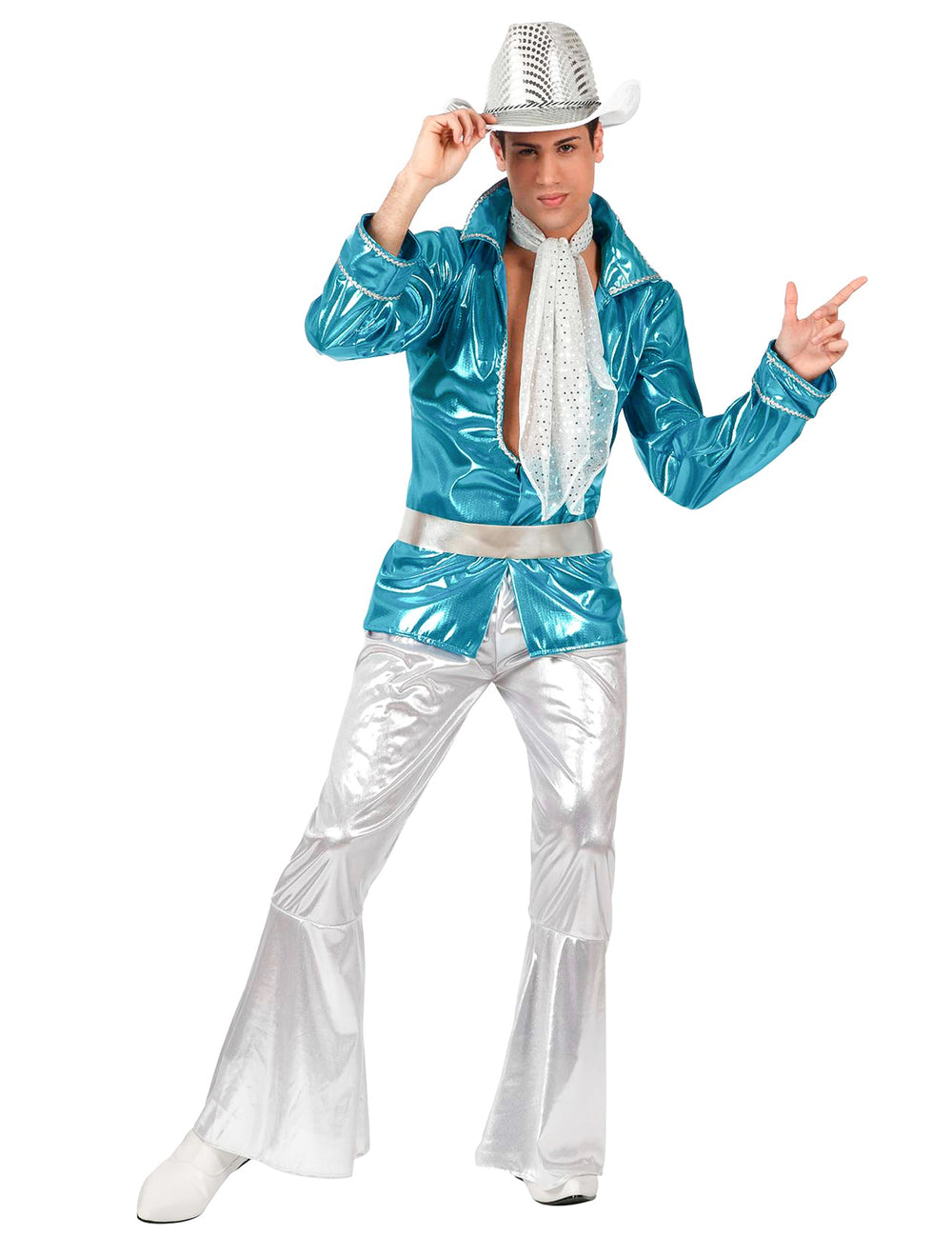 Déguisement disco pour homme bleu et argenté avec pantalon pattes d'eph