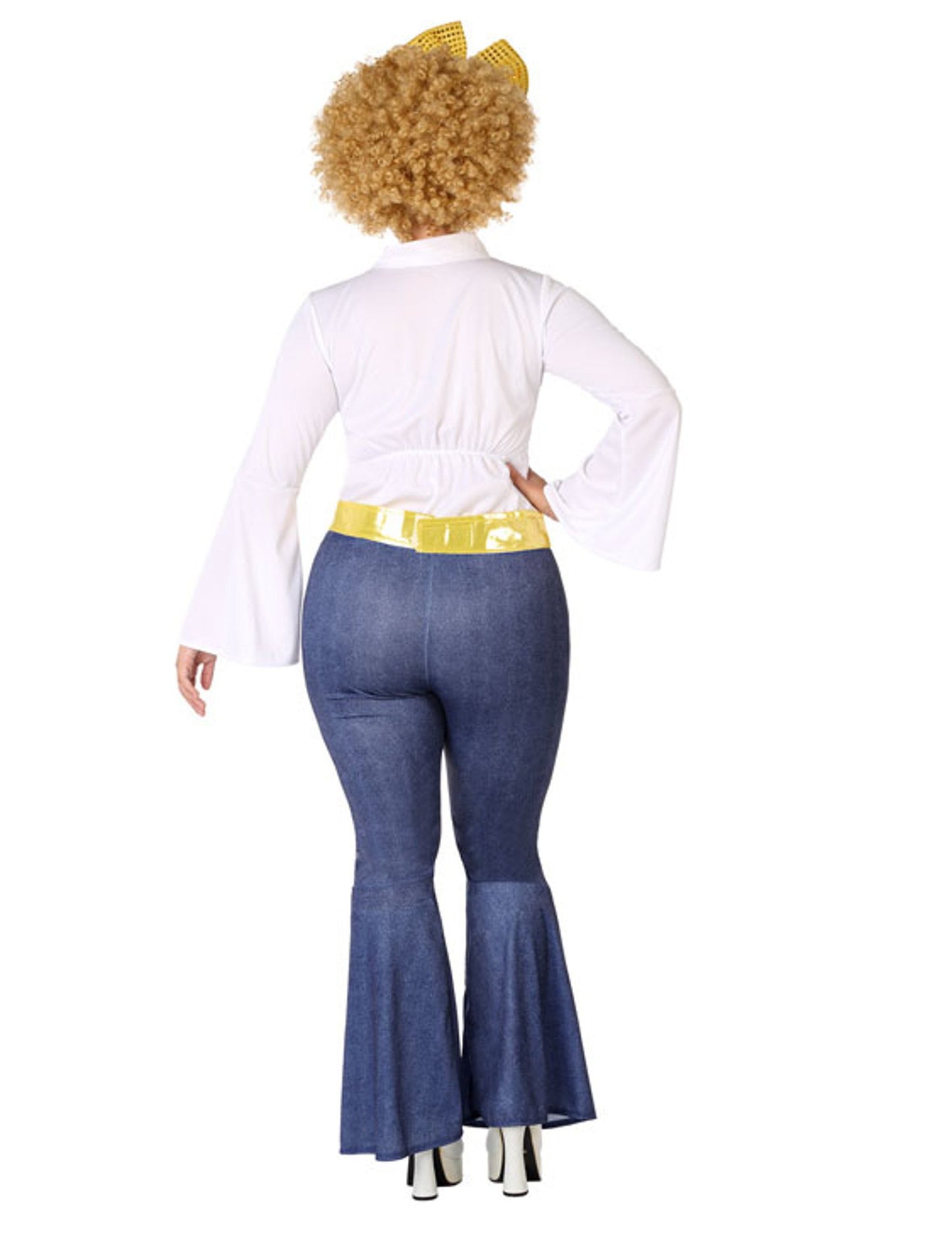 Kostým disco s efektom džínsoviny a zlatou farbou pre ženy vo väčšej veľkosti 