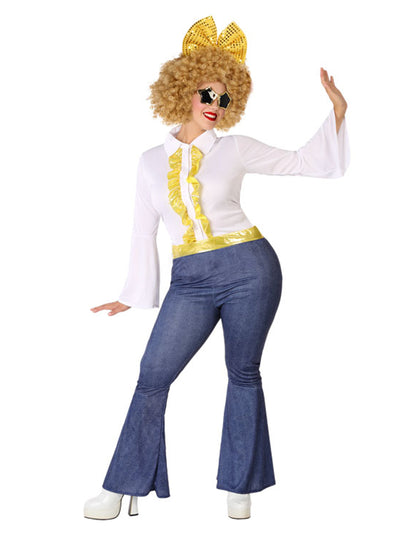 Kostým disco s efektom džínsoviny a zlatou farbou pre ženy vo väčšej veľkosti 