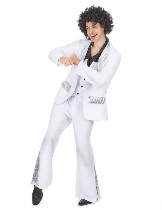 Vue de profil du déguisement disco pour homme blanc et argent