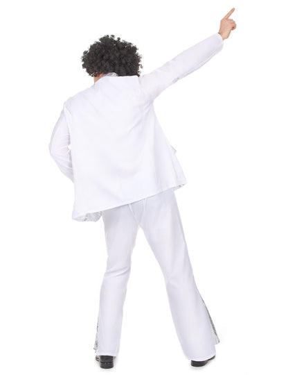 Vue de dos du déguisement disco pour homme blanc et argent