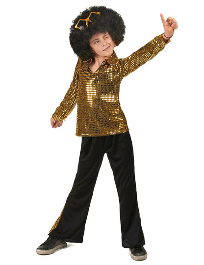 Enfant posant avec le déguisement disco pour garçon or à sequins