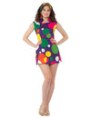 Déguisement disco pop pour femme violet à gros pois multicolores avec bandeau