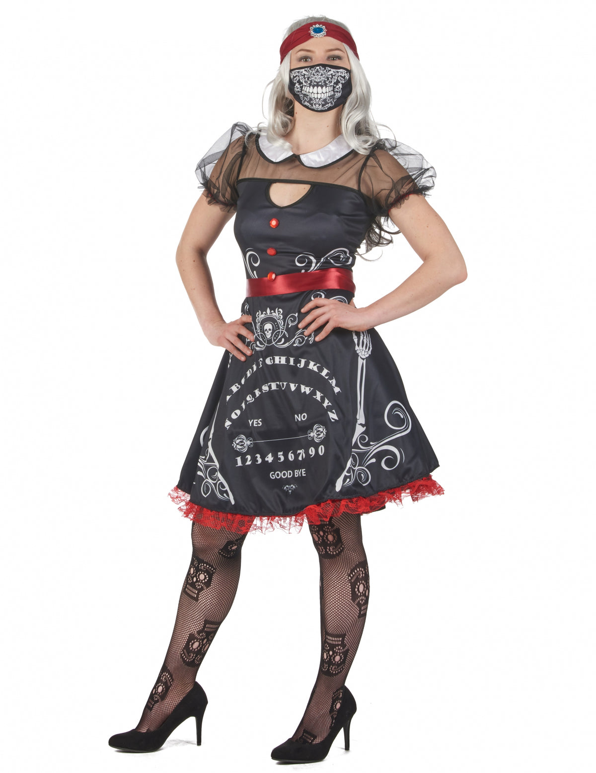 Vue de face avec collants et masque du déguisement de diseuse de bonne aventure