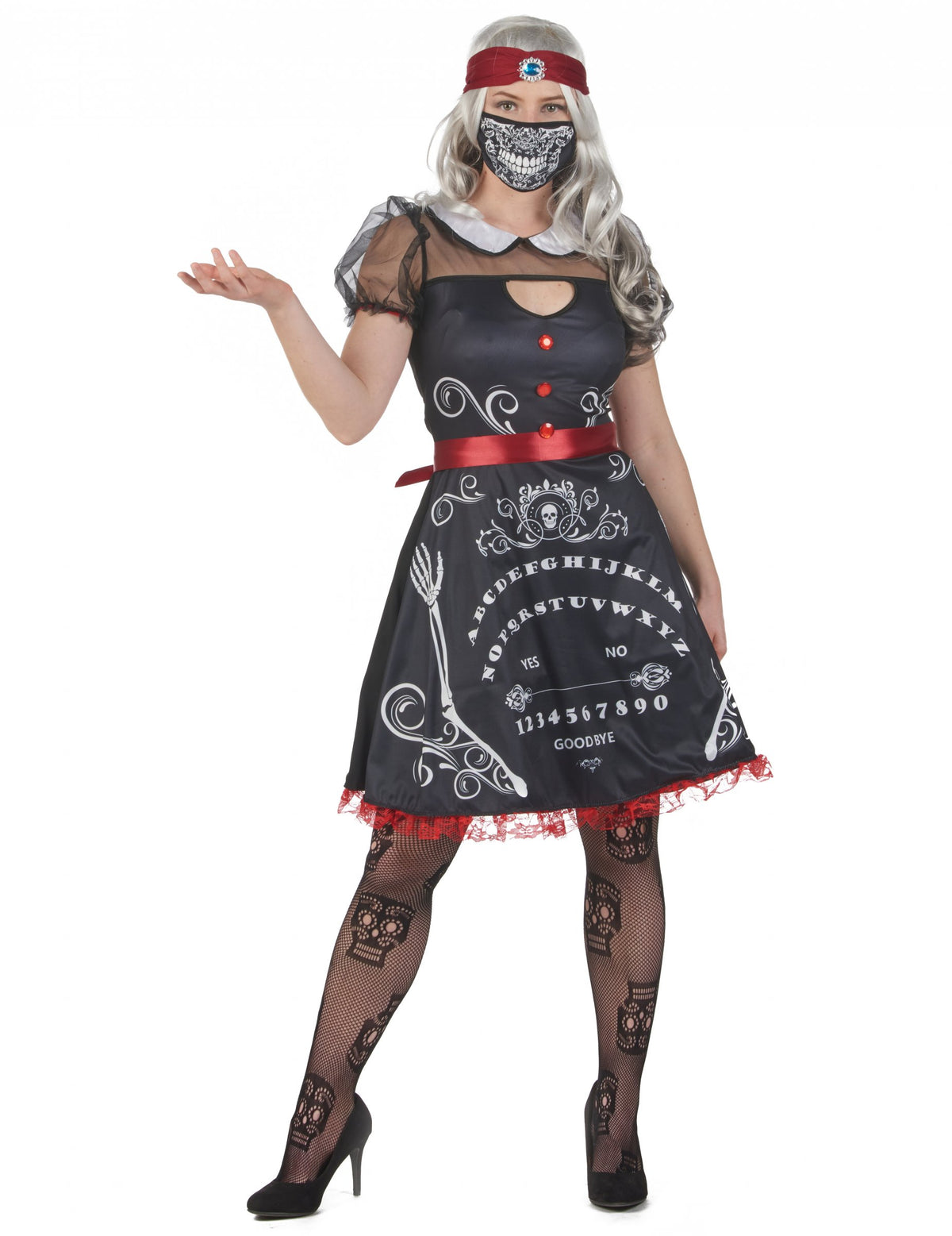 Déguisement de diseuse de bonne aventure pour femme noir et blanc avec motifs planche Ouija et détails rouges