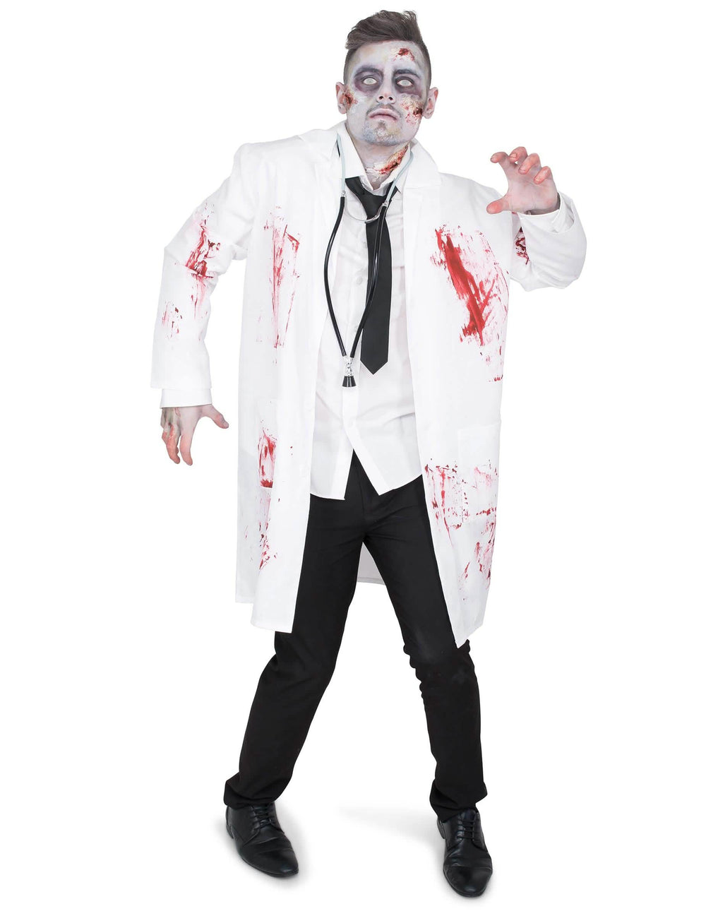 Premenlivý kostým zombifikovaného doktora pre bieleho muža so zakrvaveným stetoskopom