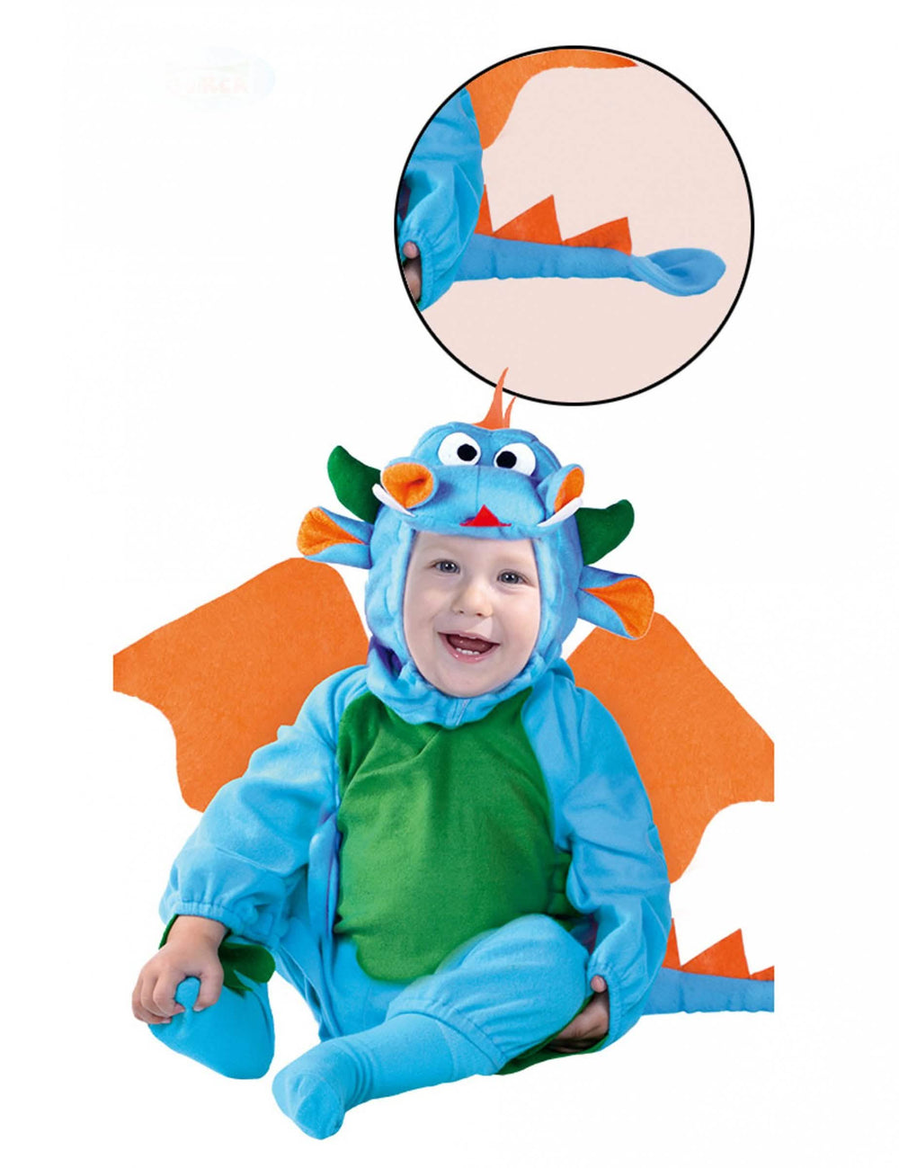 Detský kostým draka pre bábätko modrá s oranžová krídla a zelená brucho