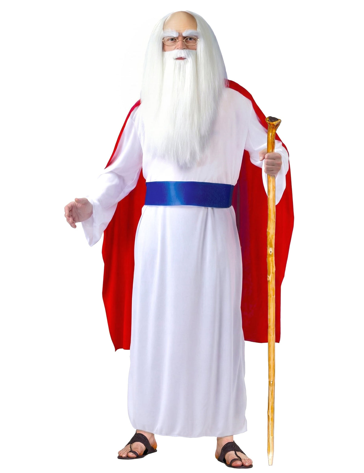 Déguisement de druide gaulois pour homme blanc et rouge avec ceinture bleue