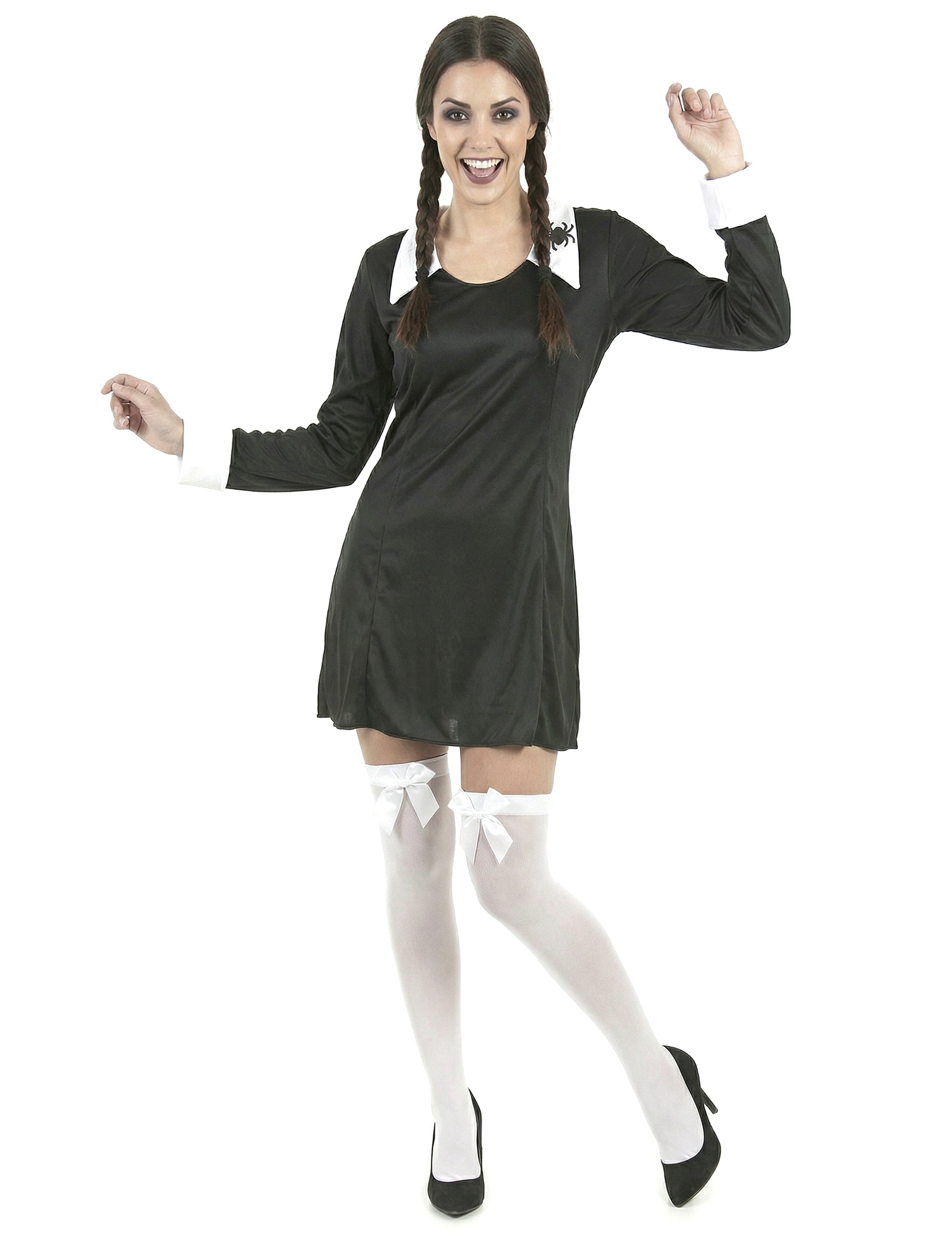 Predný pohľad s bielymi podkolienkami s mašľami kostýmu školáčky na Halloween