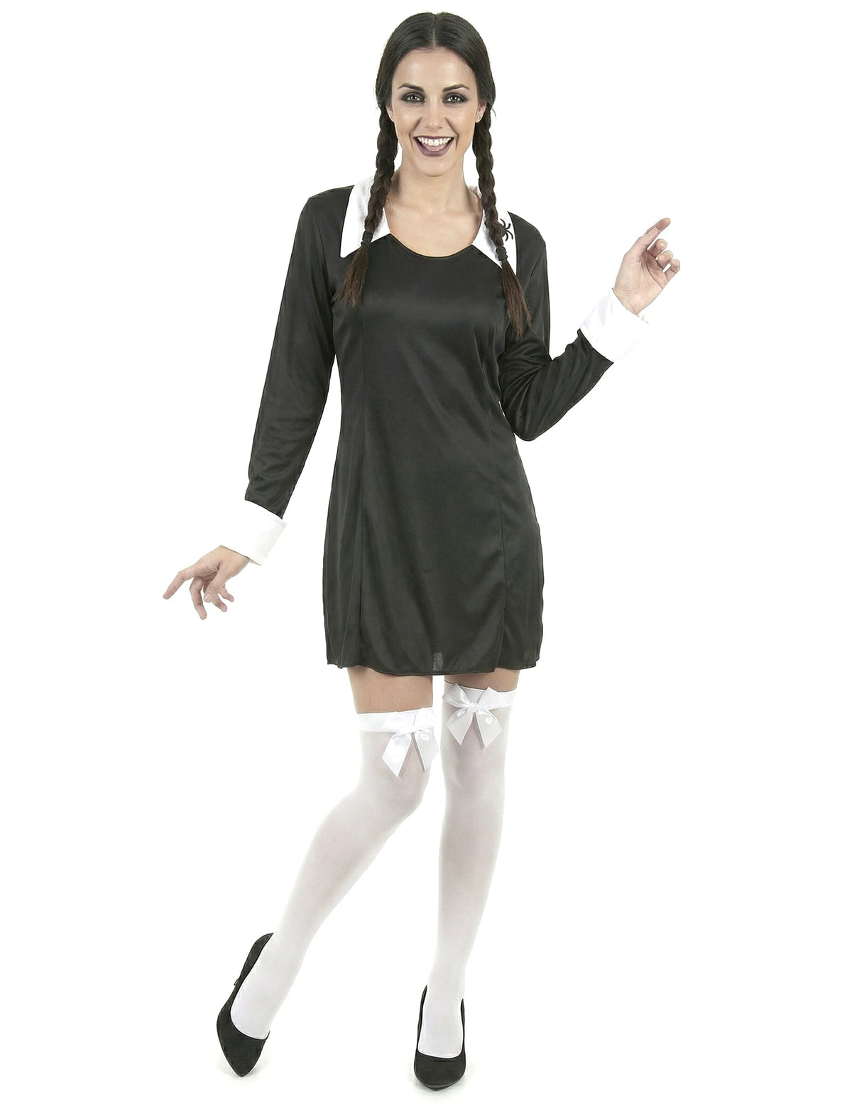 Déguisement d'écolière Halloween pour femme noir et blanc avec bas blancs à nœuds