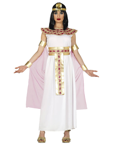 Déguisement égyptienne pour femme blanc rose et or avec voile et accessoires dorés