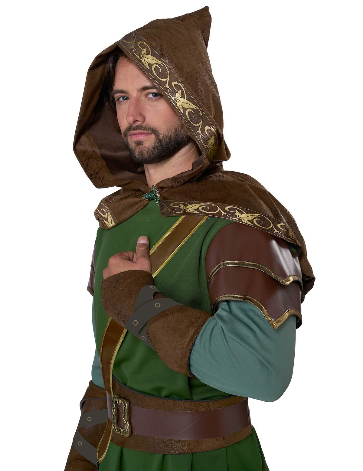 Detail kapucne a ramenného dielu kostýmu elfieho lukostrelca pre dospelého
