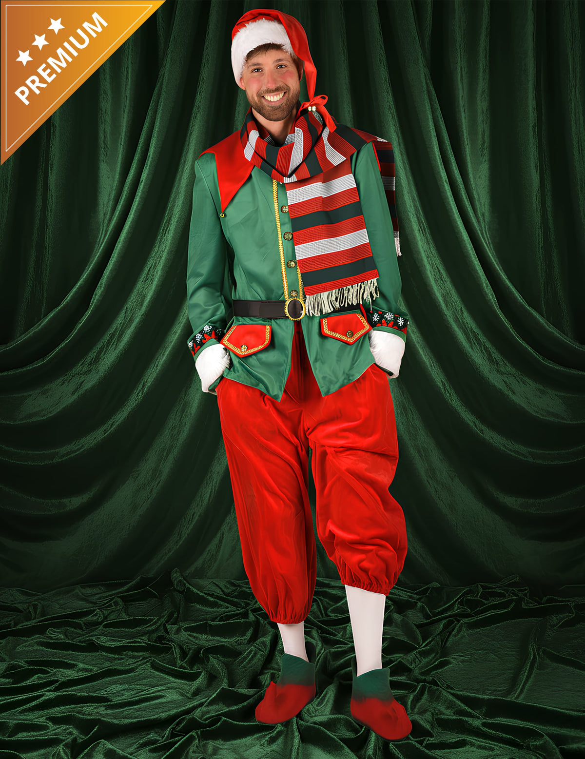 Déguisement elfe de Noël luxe pour homme rouge et vert avec écharpe et bonnet