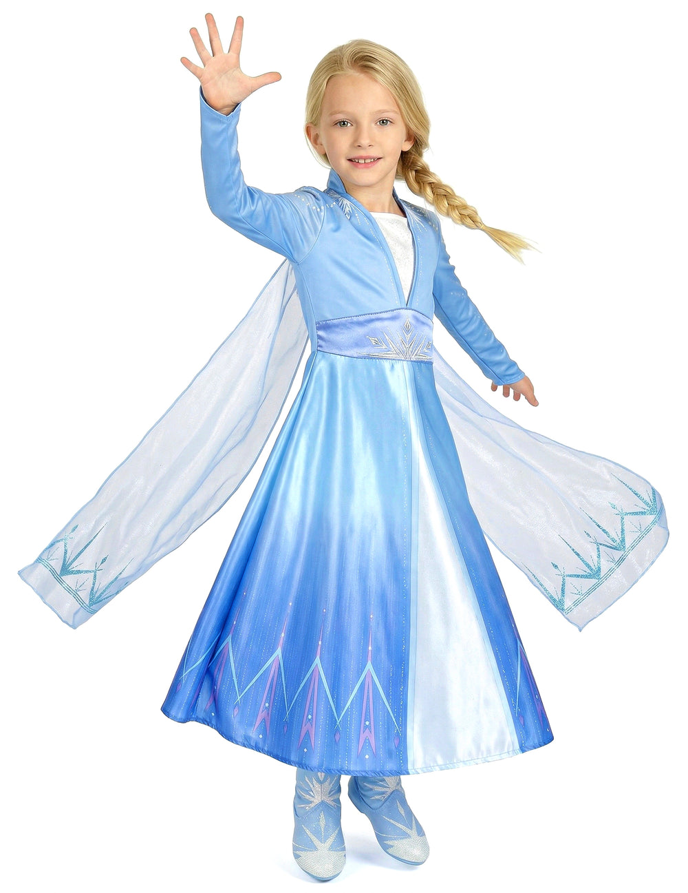 Vue d'ensemble avec cape déployée du déguisement Elsa Reine des Neiges 2 deluxe