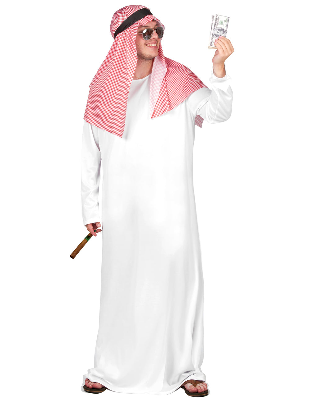 Vue de face avec accessoires cigare et billets du déguisement d'émir arabe pour homme