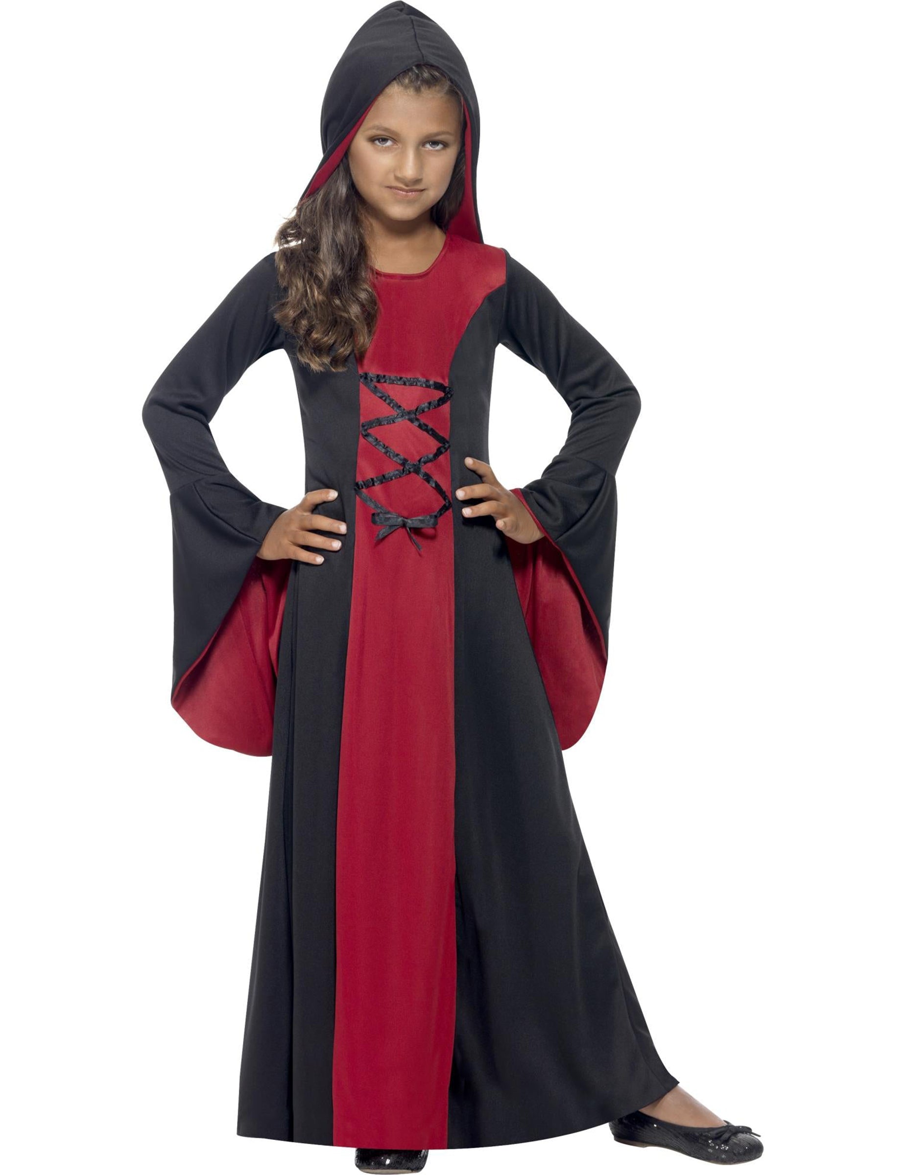 Déguisement d'enchanteresse pour fille Halloween noir et rouge avec capuche