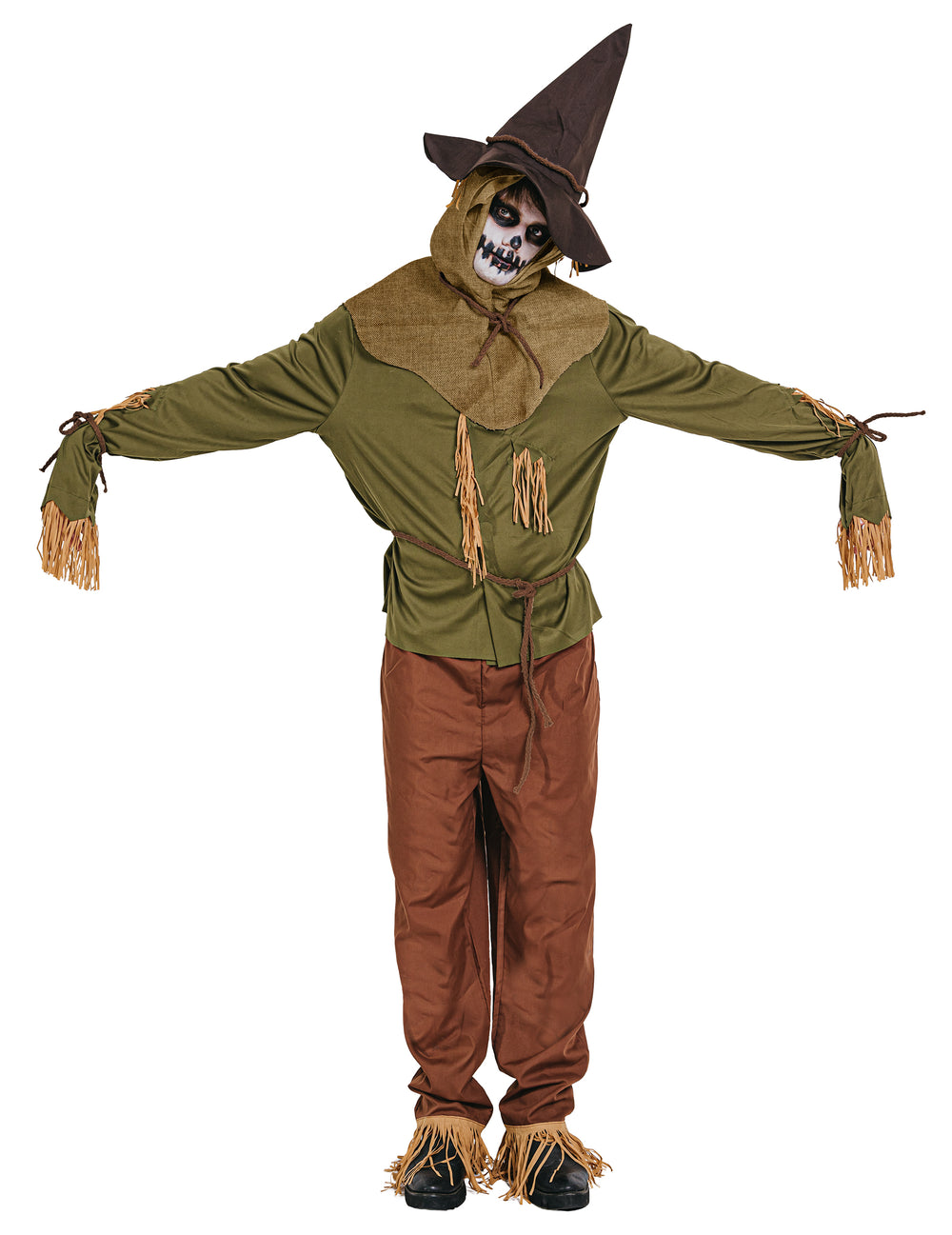 Déguisement épouvantail pour homme vert et marron avec chapeau pointu et détails de paille