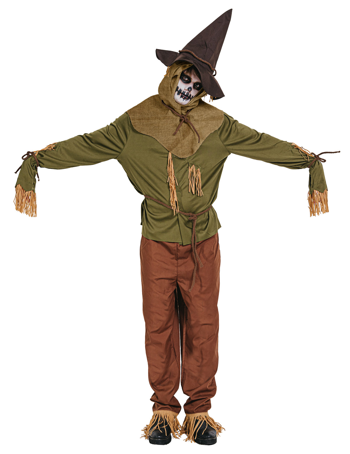 Déguisement épouvantail pour homme vert et marron avec chapeau pointu et détails de paille