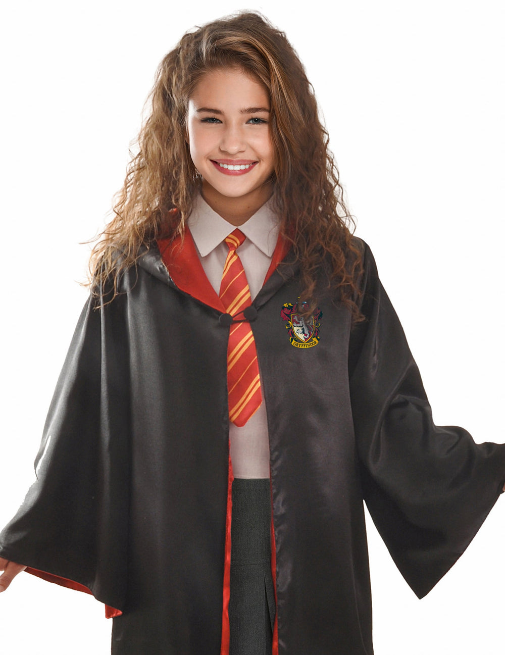 Vue de face du déguisement et accessoires Hermione