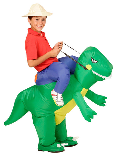 Déguisement explorateur à dos de dinosaure pour enfant vert avec chapeau beige