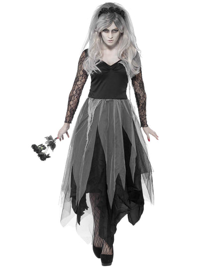 Kostým čiernej nevesty ducha pre ženy s šedým spodným dielom a závojom