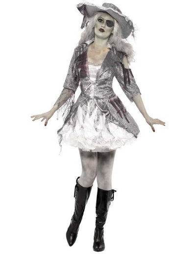 Déguisement de pirate fantôme pour femme gris et blanc effet satiné avec chapeau
