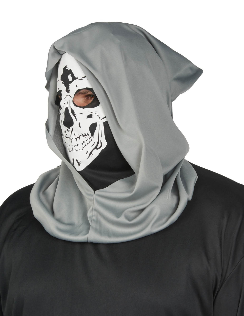 Vue de profil de la capuche et du masque du déguisement de faucheuse terrifiant