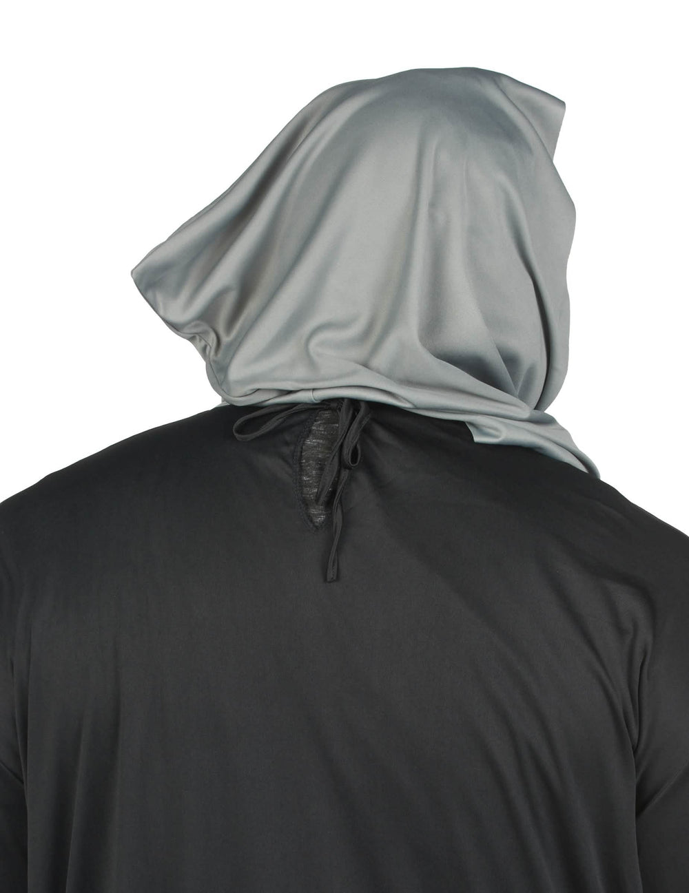 Vue de dos de la capuche et de l'attache du déguisement de faucheuse terrifiant