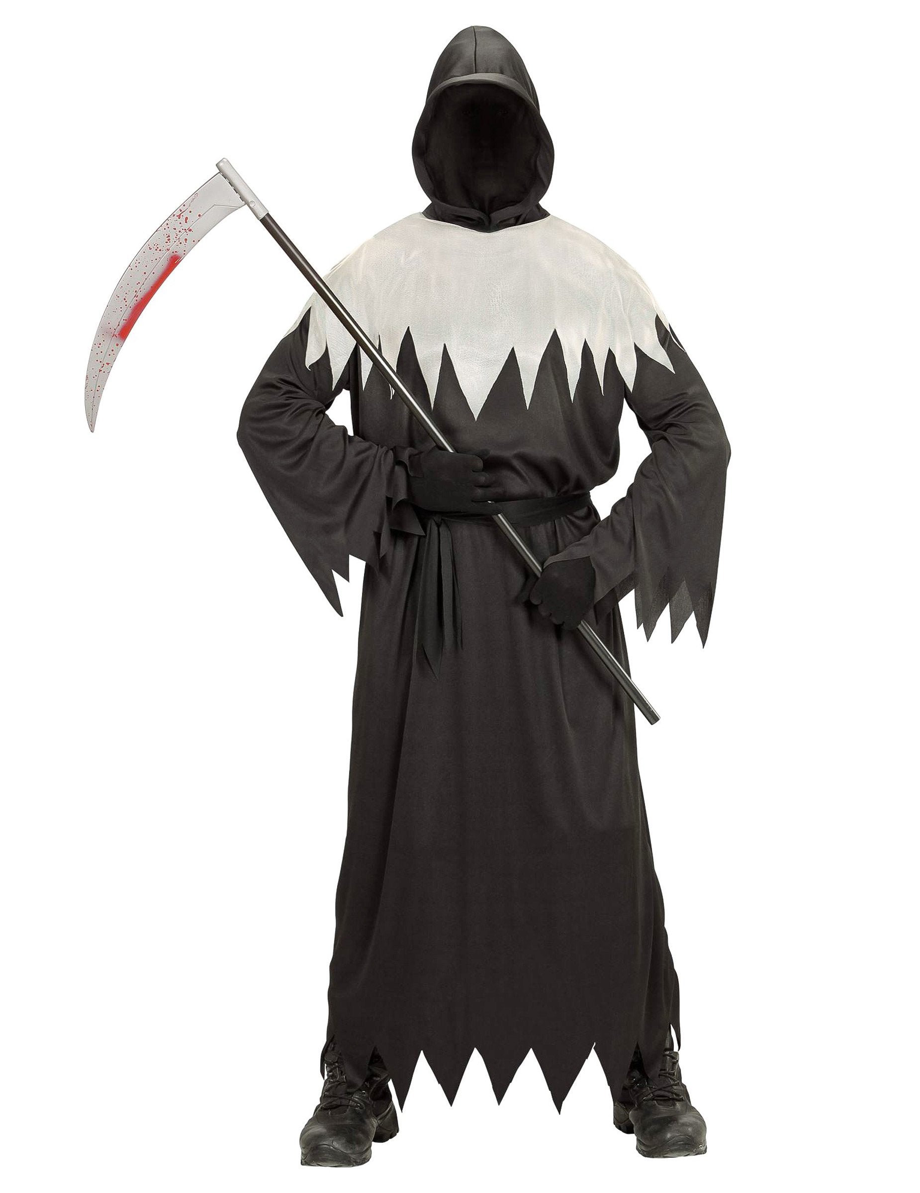 Déguisement faucheuse terrifiante pour enfant noir et blanc avec faux ensanglantée