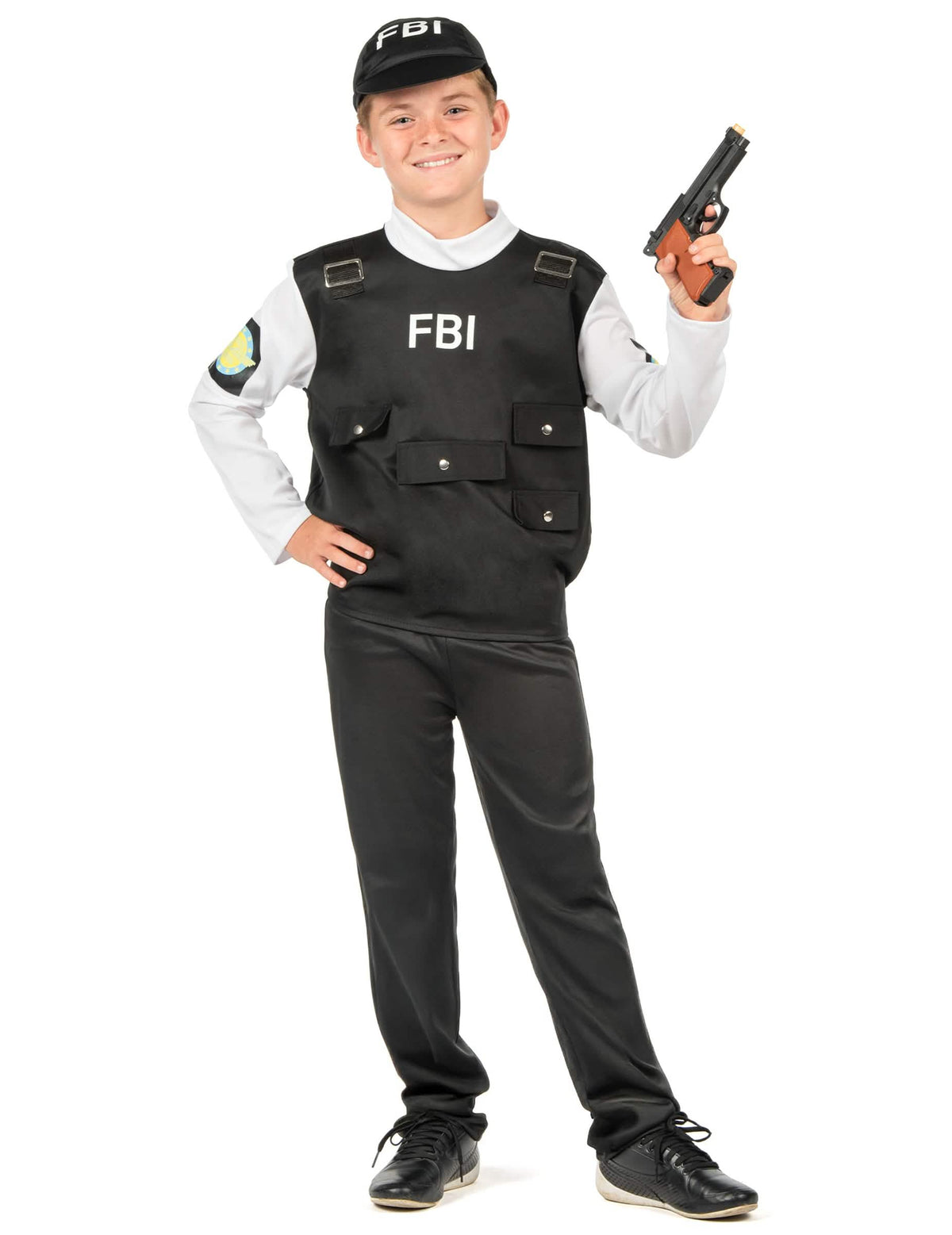 Kostým FBI pre dieťa čierna a biela s vestou a šiltovkou