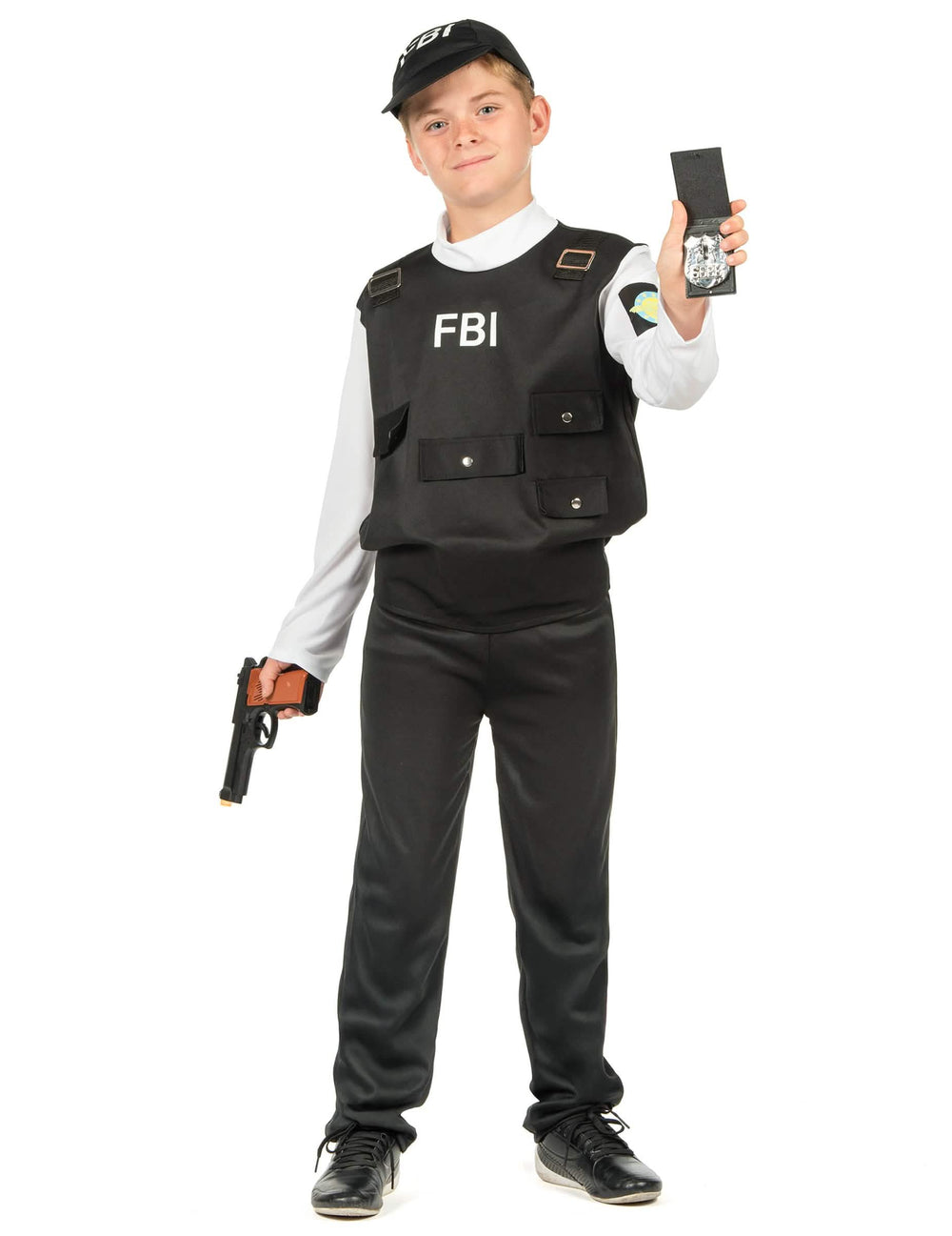 Pohľad spredu s odznakom a pištoľou kostýmu FBI pre dieťa
