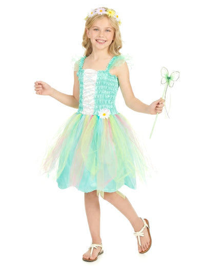 Déguisement de fée pour fille vert d'eau avec baguette et couronne de fleurs