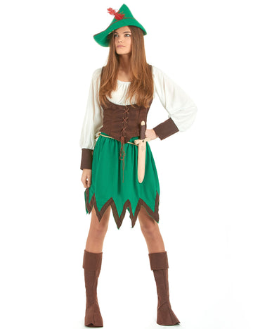 Déguisement femme des bois pour femme vert et marron avec chapeau à plume