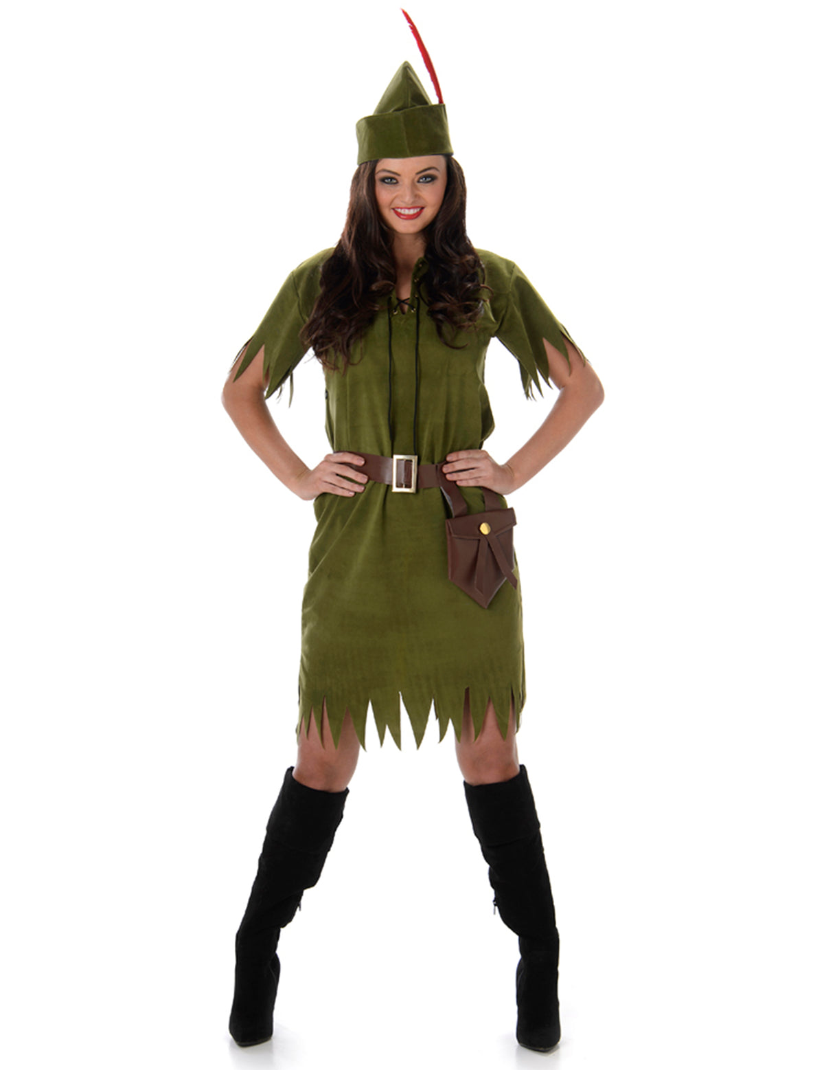 Déguisement femme des bois effet peau pour femme vert avec chapeau à plume