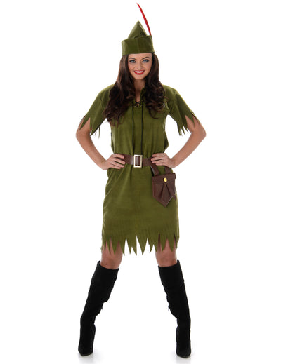 Déguisement femme des bois effet peau pour femme vert avec chapeau à plume