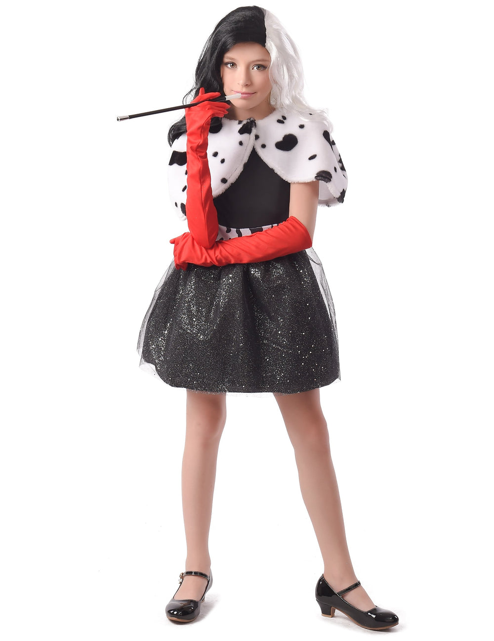 Déguisement de fille cruelle pour enfant noir et blanc avec cape dalmatien et gants rouges