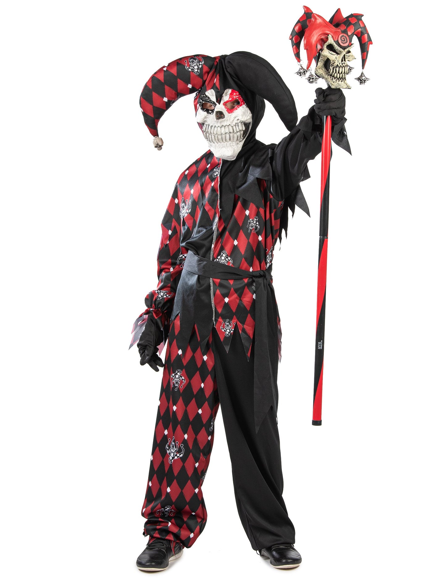 Vue de face avec sceptre du déguisement de fou du roi diabolique luxe