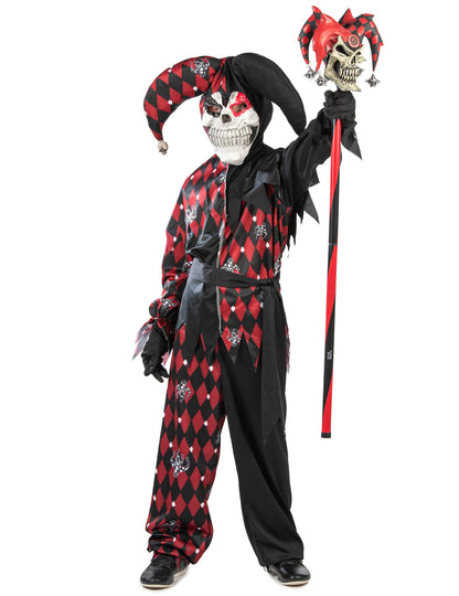 Vue de face avec sceptre du déguisement de fou du roi diabolique luxe