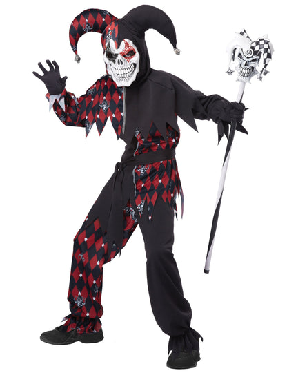 Déguisement de fou du roi diabolique luxe pour enfant rouge et noir avec masque de squelette