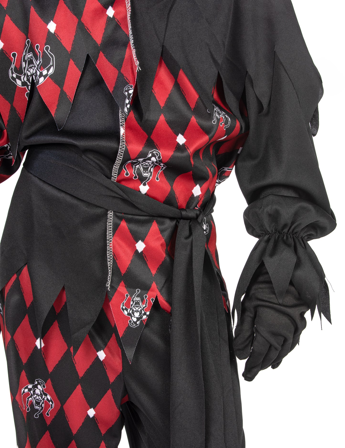 Détail de la ceinture et des imprimés du déguisement fou du roi diabolique luxe