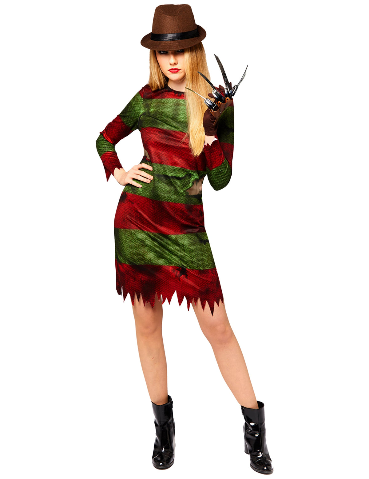 Déguisement Freddy Krueger pour femme à rayures rouges et vertes avec chapeau et griffes
