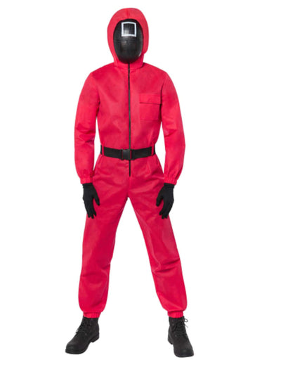 Déguisement gardien du jeu Squid Game™ pour adulte rouge avec masque carré